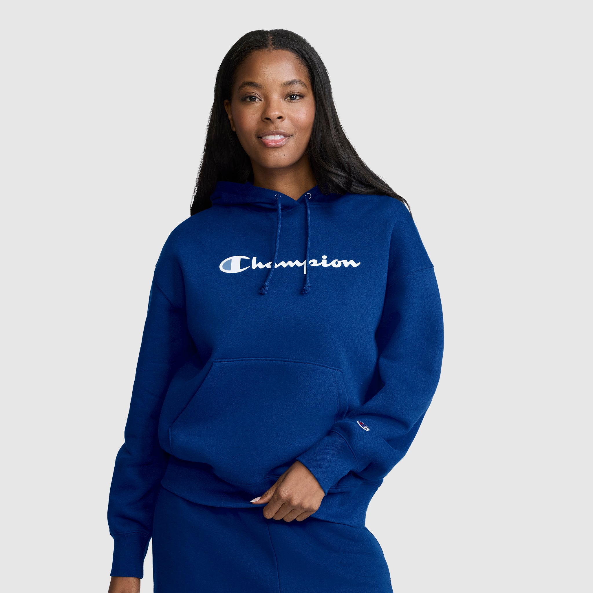 Champion Women's Powerblend Relaxed Hoodie. Script Logo